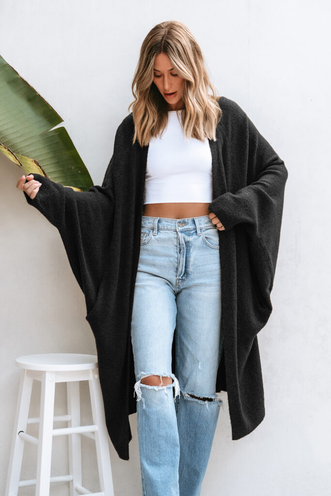 Black Open Front Dolman Sleeve Duster Cardigan