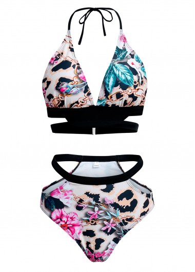Floral Print Halter Leopard Bikini Set