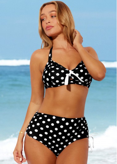 Polka Dot Black High Waisted Halter Bikini Set