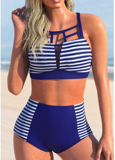 Stripe Print Navy Blue Cross Strap Bikini Set