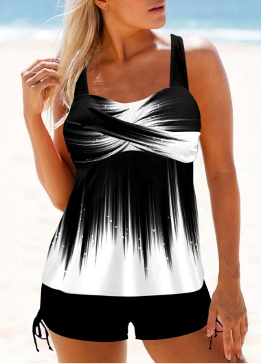Ombre White Cross Front Wide Strap Tankini Top