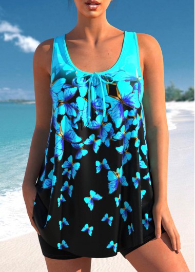Cyan Butterfly Print Ombre Tankini Top