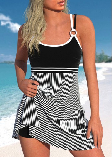 Criss Cross Striped Black Swimdress Top