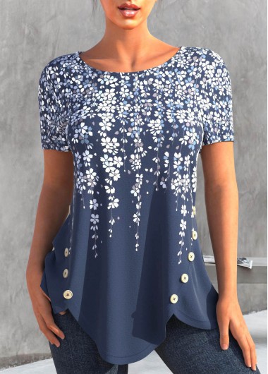 Denim Blue Asymmetry Floral Print T Shirt