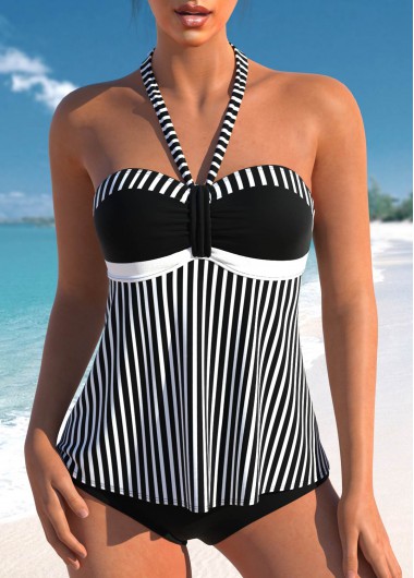 Ruched Patchwork Striped Black Tankini Top