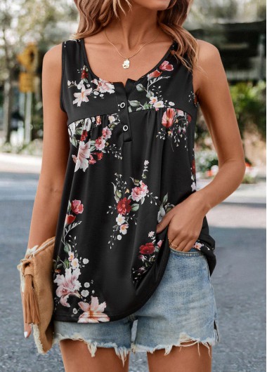 Black Ruched Floral Print Tank Top