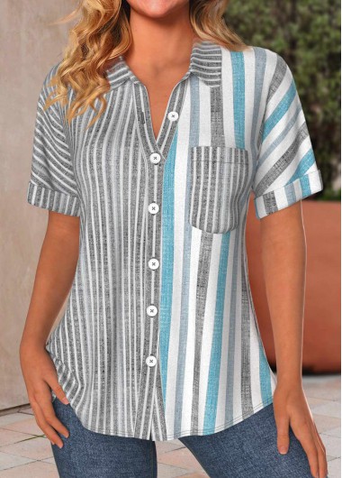 Light Grey Button Striped Short Sleeve Blouse