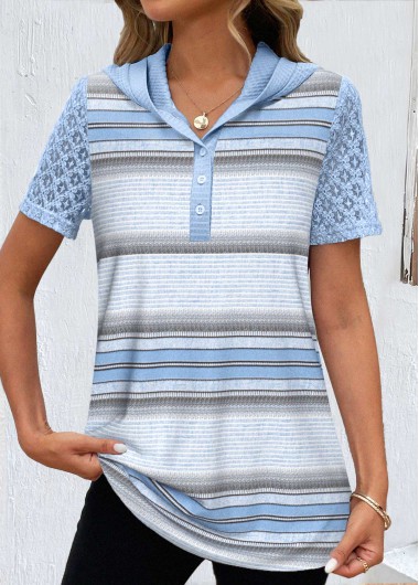 Light Blue Lace Striped Short Sleeve T Shirt