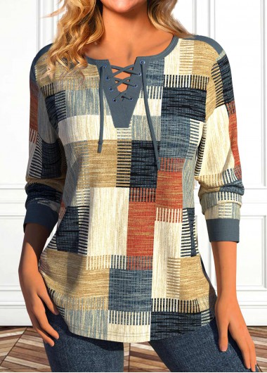 Multi Color Lace Up Geometric Print T Shirt