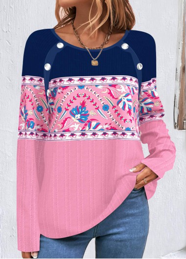 Multi Color Button Tribal Print T Shirt