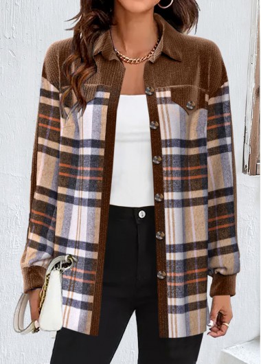 Light Coffee Patchwork Plaid Long Sleeve Coat