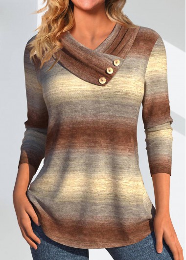 Light Camel Asymmetry Ombre Long Sleeve V Neck Sweatshirt