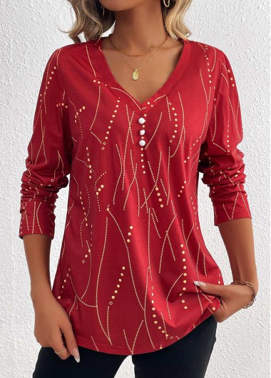 Wine Red Button Geometric Print Long Sleeve T Shirt