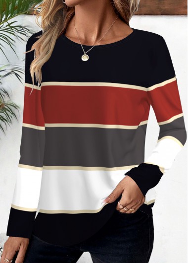 Deep Red Striped Long Sleeve Round Neck T Shirt