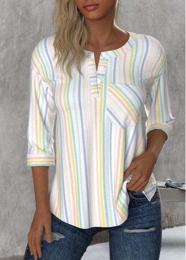 Multi Color Button Striped 3/4 Sleeve Round Neck Blouse