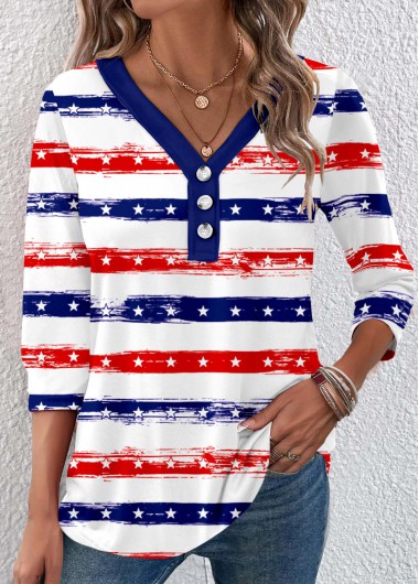 Navy Button Striped 3/4 Sleeve V Neck T Shirt