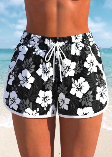 High Waisted Floral Print Black Swim Shorts