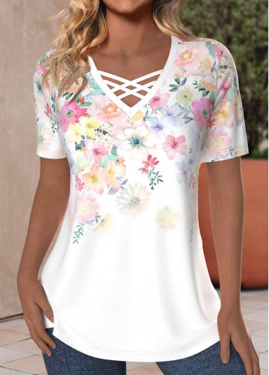 White Criss Cross Floral Print Short Sleeve T Shirt