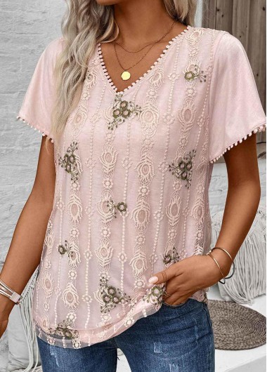Light Pink Patchwork Floral Print Short Sleeve Blouse