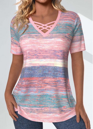 Pink Criss Cross Striped Short Sleeve T Shirt