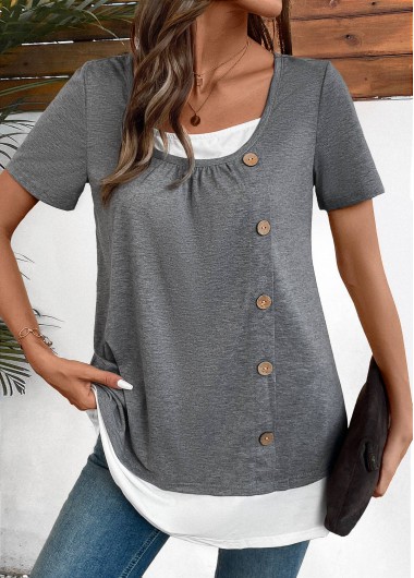 Plus Size Dark Grey Marl Patchwork Short Sleeve Blouse