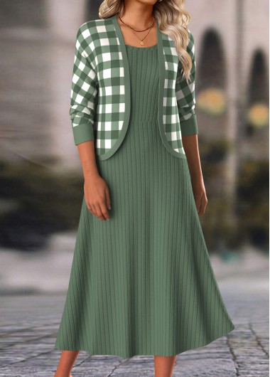 Sage Green Two Piece Plaid Dress and Cardigan