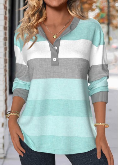 Mint Green Patchwork Striped Long Sleeve Split Neck Sweatshirt