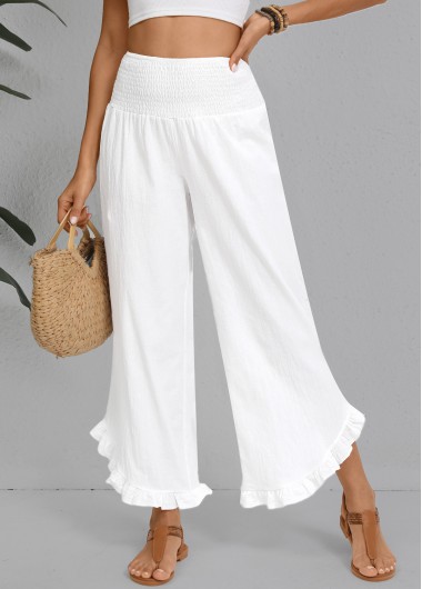Wide Leg Elastic Waist White High Waisted Pants
