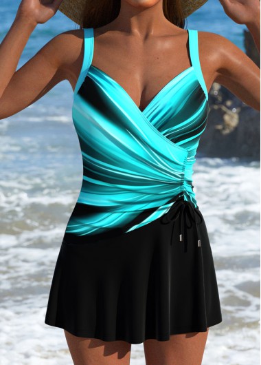 Drawstring Ombre Cyan One Piece Swimdress