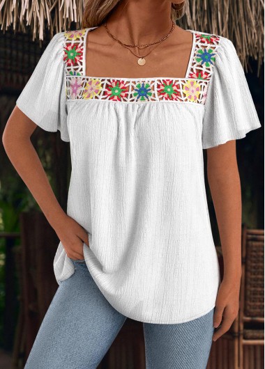 Raw White Patchwork Short Sleeve Square Neck T Shirt
