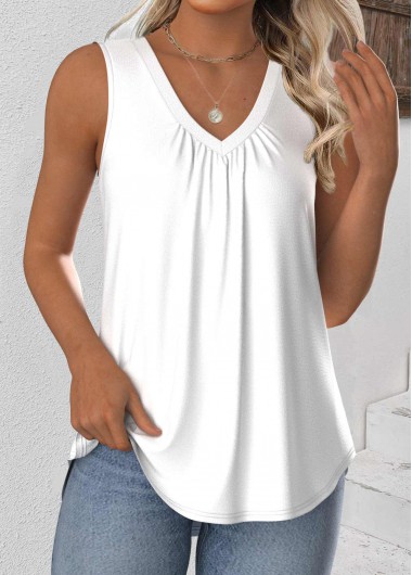 White Sleeveless V Neck Tank Top