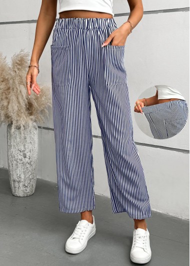 Blue Striped Straight Leg Elastic Waist Mid Waisted Pants