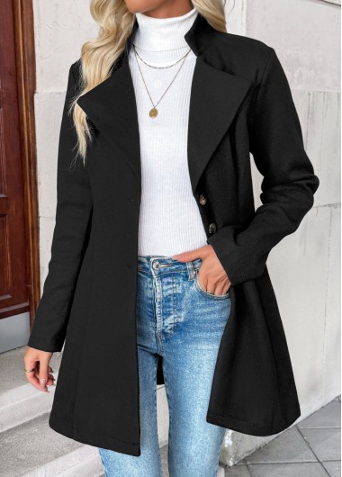 Black Tummy Coverage Long Sleeve Lapel Coat