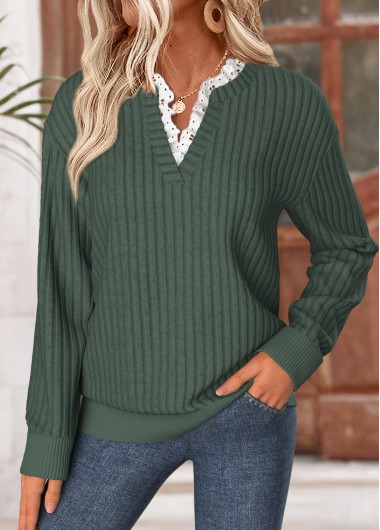 Green Frill Long Sleeve Split Neck Sweatshirt