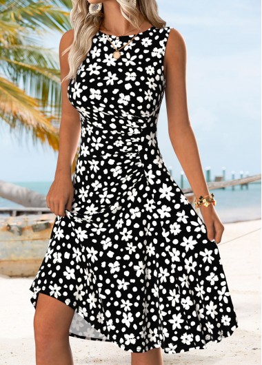 Black Floral Print Tummy Coverage Sleeveless Round Neck Dress