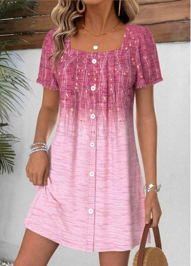 Pink Floral Print Short Tummy Coverage Square Neck Dress