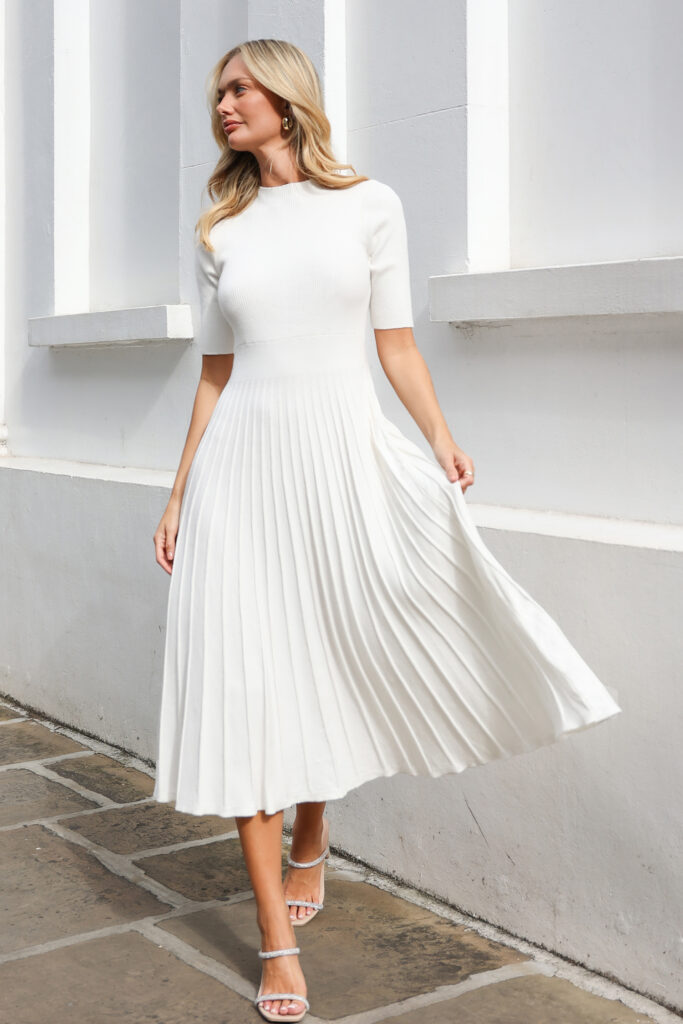 White Mockneck Pleated Skirt Midi Dress